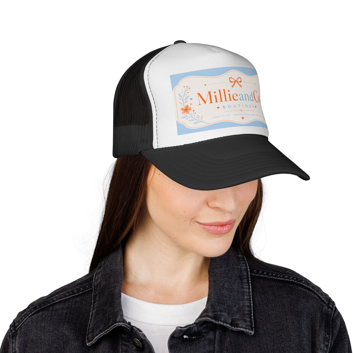 Boutique Logo Trucker Cap — "Millie and Co Boutique" Vintage Floral Mesh Hat