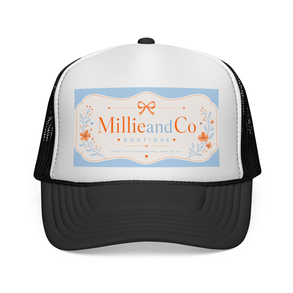 Boutique Logo Trucker Cap — "Millie and Co Boutique" Vintage Floral Mesh Hat