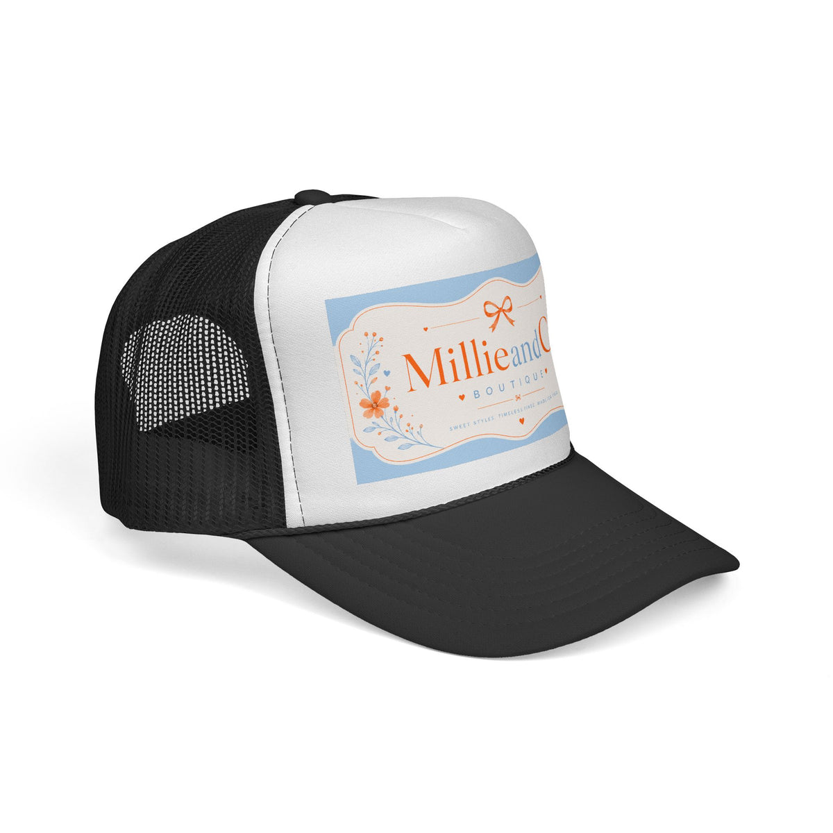 Boutique Logo Trucker Cap — "Millie and Co Boutique" Vintage Floral Mesh Hat